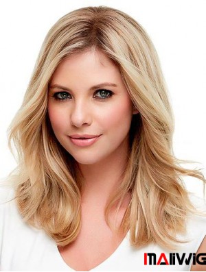 Human Hair Wig Wavy Blonde  Monofilament Blonde Color Shoulder Length