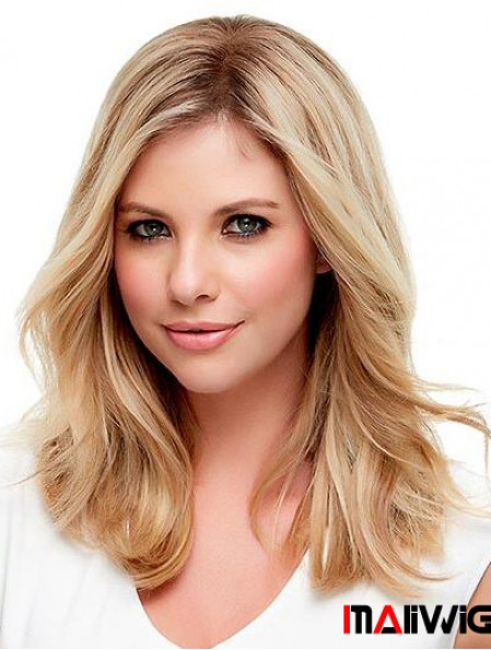 Human Hair Wig Wavy Blonde  Monofilament Blonde Color Shoulder Length