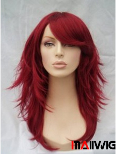 Red Human Hair Wigs Full Wig With Bangs Wavy Style Shoulder Length