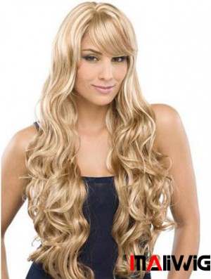 Long 100% Hand Tied Wavy With Bangs Monofilament Lace Front Wigs