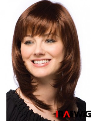 Fashionable Auburn Straight Shoulder Length Human Hair Wigs With Bangs