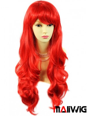 Hot Sale Human Hair Long Wavy With Bangs 24 Inches Red Wigs 