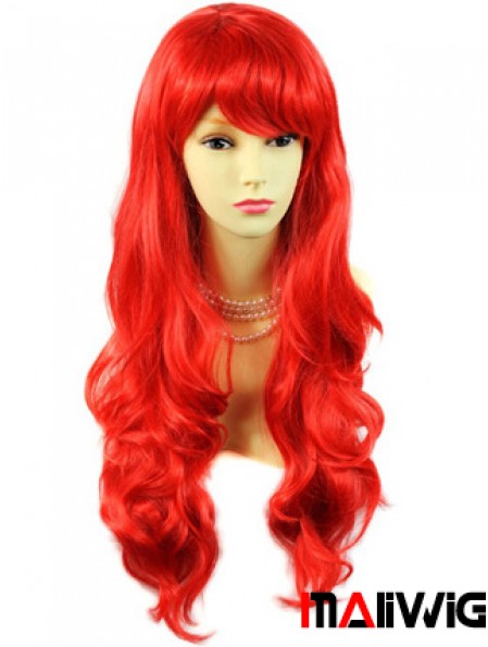Hot Sale Human Hair Long Wavy With Bangs 24 Inches Red Wigs 