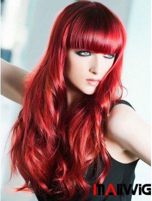 Capless Wavy 22 inch With Bangs Long Red Human Hair