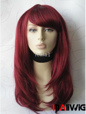 Front Lace Wig With Bangs Long Length Straight Style Red Color