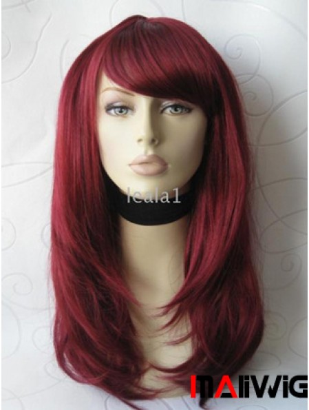 Front Lace Wig With Bangs Long Length Straight Style Red Color