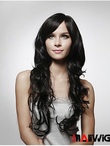 Long Curly Human Hair Wigs Layered Cut Black Color