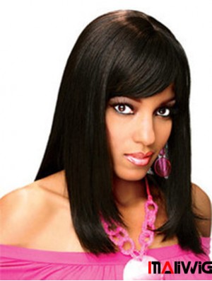 Full Human Hair Wigs With Bangs Full Lace Shoulder Length Black Color