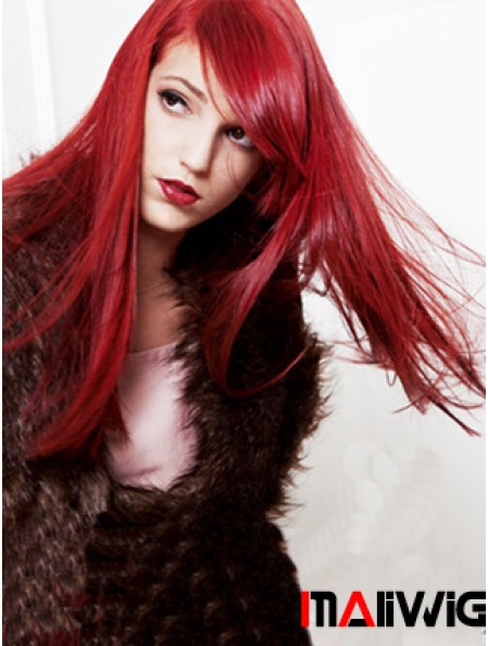 20 inch Straight Capless With Bangs Human Hair Long Red Wig