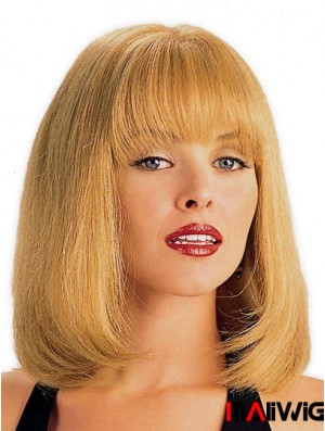 Human Hair Wig Blonde With Bangs Straight Style Shoulder Length