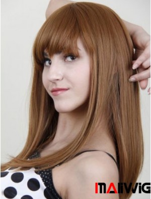 With Bangs Stylish Straight Auburn Long Human Hair Wigs