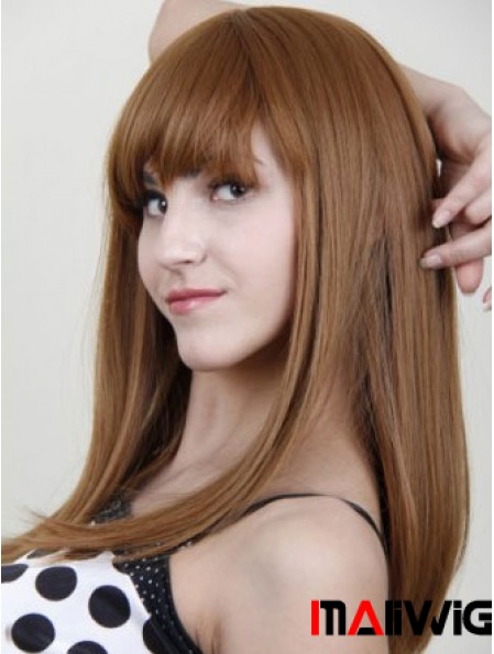 With Bangs Stylish Straight Auburn Long Human Hair Wigs