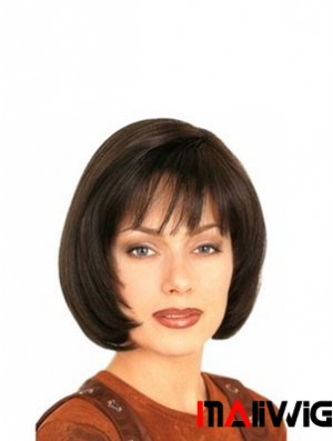 With Bangs Durable Straight Brown Chin Length Human Hair Wigs