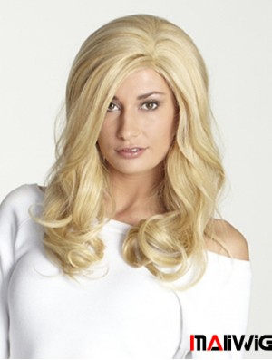 Without Bangs Long Blonde Wavy 18 inch Perfect Human Hair Wigs