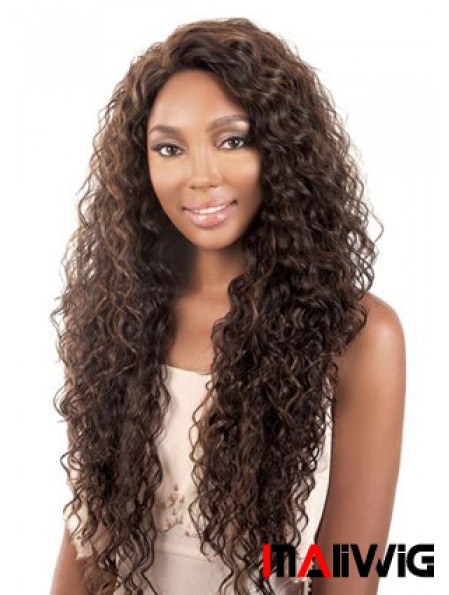 Long Brown Kinky Without Bangs Durable African American Wigs