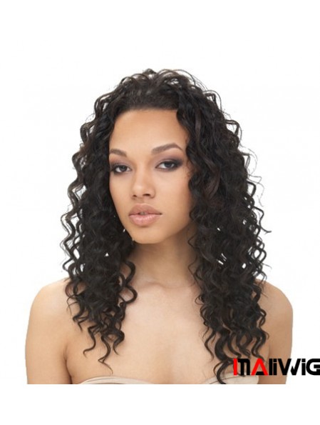 Natural Black Long Without Bangs Curly Glueless Lace Front Wigs