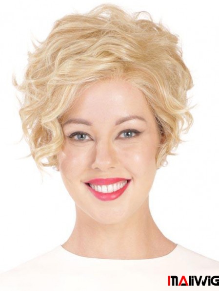 Synthetic Flexibility Cropped Blonde Curly Monofilament Wigs