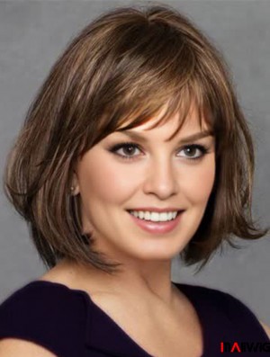 Monofilament Brown 12 inch Chin Length With Bangs Heat Resistant Wigs