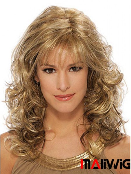 Wavy Synthetic Wigs Blonde Color Capless With Bangs