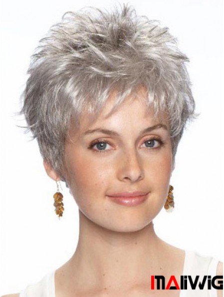 Short Grey Wig With Synthetic Lace Front Wavy Style Grey Cut
