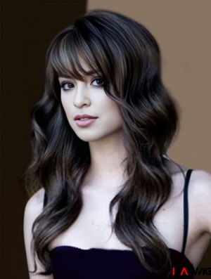 Hair Synthetic Black With Bangs Long Length Wavy Style