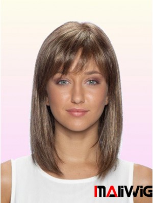 Straight With Bangs Shoulder Length Brown No-Fuss Lace Front Wigs