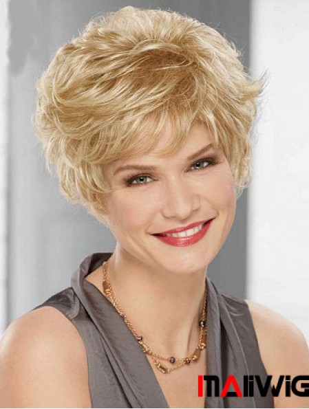 Cheap Synthetic Blonde Color Layered Cut Wavy Style