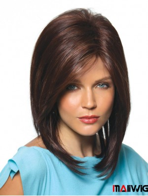 Brown Shoulder Length Straight With Bangs 14 inch Hairstyles Medium Wigs