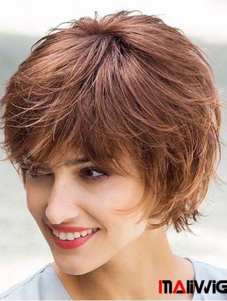 Flexibility Brown Chin Length Layered Straight Glueless Lace Front Mono Synthetic Wigs