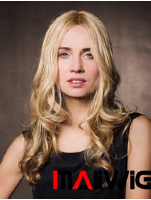 Monofilament Synthetic 17 inch Long Wavy Blonde Without Bangs Cheap Wigs For Cancer Patients
