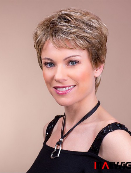 Synthetic Monofilament 4 inch Boycuts Straight Brown Ladies Short Wigs