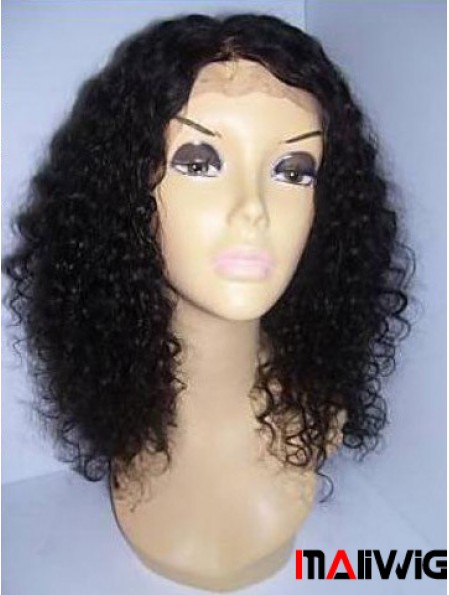 Black Color Shoulder Length Curly Human Hair With Lace Front Wigs For Black African American Women