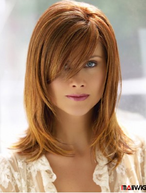 Shoulder Length With Bangs 14 inch Straight Auburn Medium Wigs