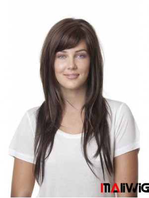 Ideal Brown Straight With Bangs Monofilament Long Wigs