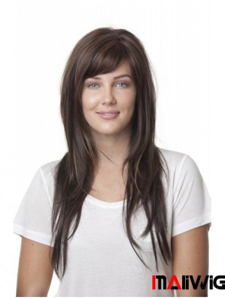 Ideal Brown Straight With Bangs Monofilament Long Wigs