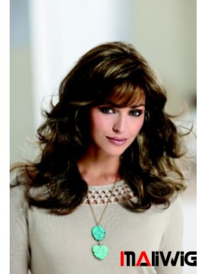 Sleek Brown Wavy With Bangs Capless Long Wigs