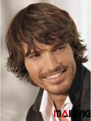 High Quality Brown Synthetic Chin Length Capless Wavy Mens Long Wig