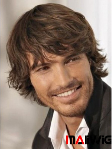 High Quality Brown Synthetic Chin Length Capless Wavy Mens Long Wig