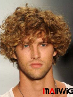 Blonde 8inch Remy Human Hair Curly Layered Capless  Mens Wigs