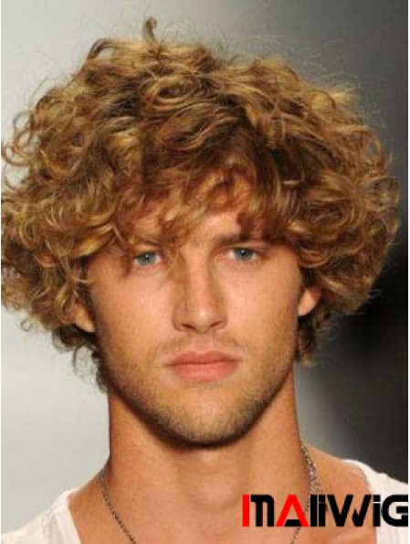 Blonde 8inch Remy Human Hair Curly Layered Capless  Mens Wigs