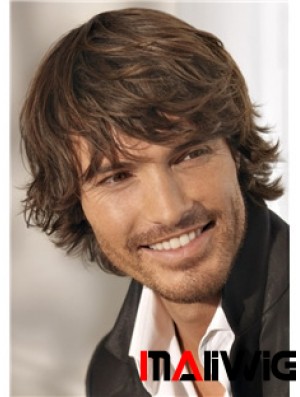 Brown Remy Human Short Wavy Monofilam Cheap Wigs For Men