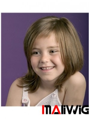 Straight Shoulder Length Brown Remy Human Hair 100% Hand-tied Kids Wigs