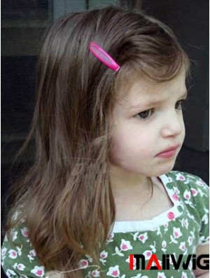 Straight Shoulder Length Brown Remy Human Hair Lace Front Kids Wigs