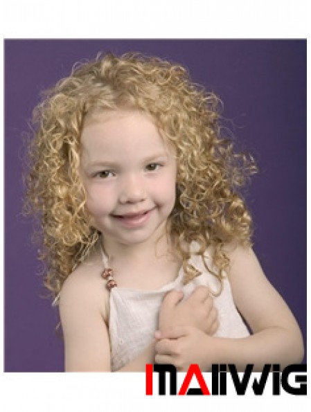 Curly Shoulder Length Blonde Synthetic 100% Hand-tied Kids Wigs