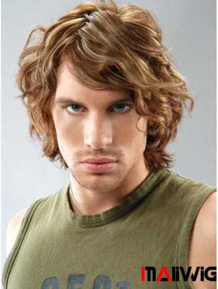 Lace Front Brown Remy Human Curly With Bangs Men's Wigs In UK