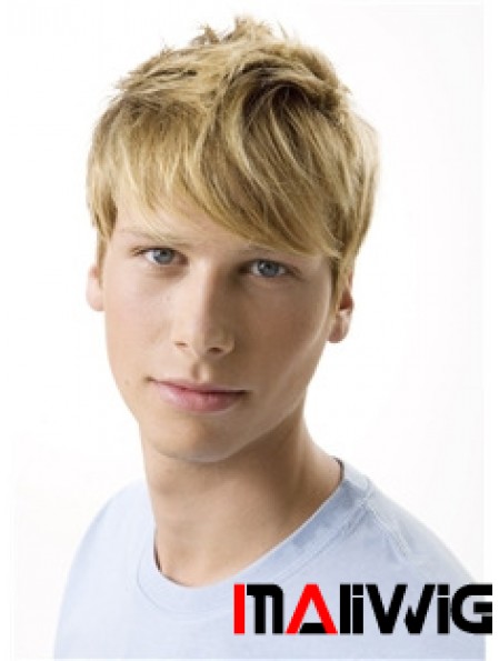 Remy Human 100% Hand Tied Short Wavy Blonde Wigs For Men