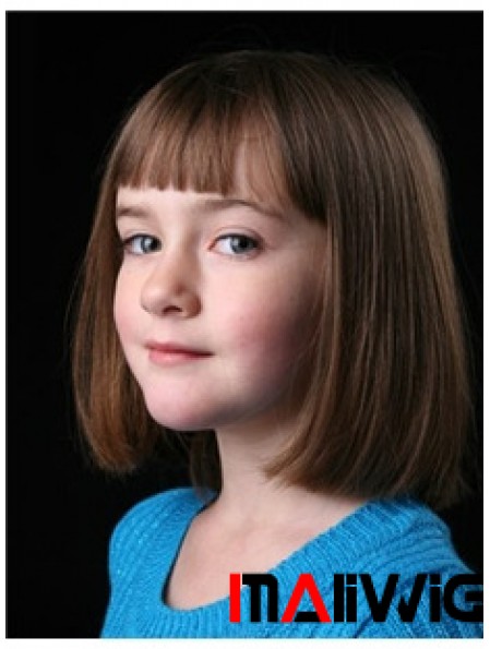 Straight Chin Length Brown Remy Human Hair Capless Kids Wigs