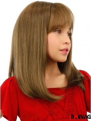 Straight Shoulder Length Blonde Remy Human Hair Lace Front Kids Wigs