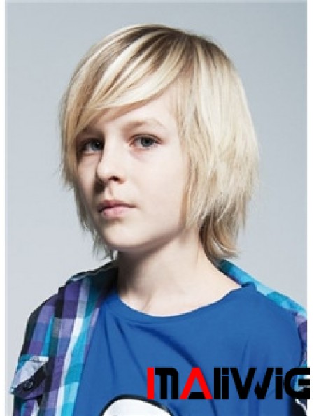 Straight Chin Length Blonde Remy Human Hair Capless Kids Wigs