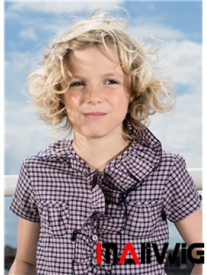 Curly Chin Length Blonde Synthetic 100% Hand-tied Kids Wigs